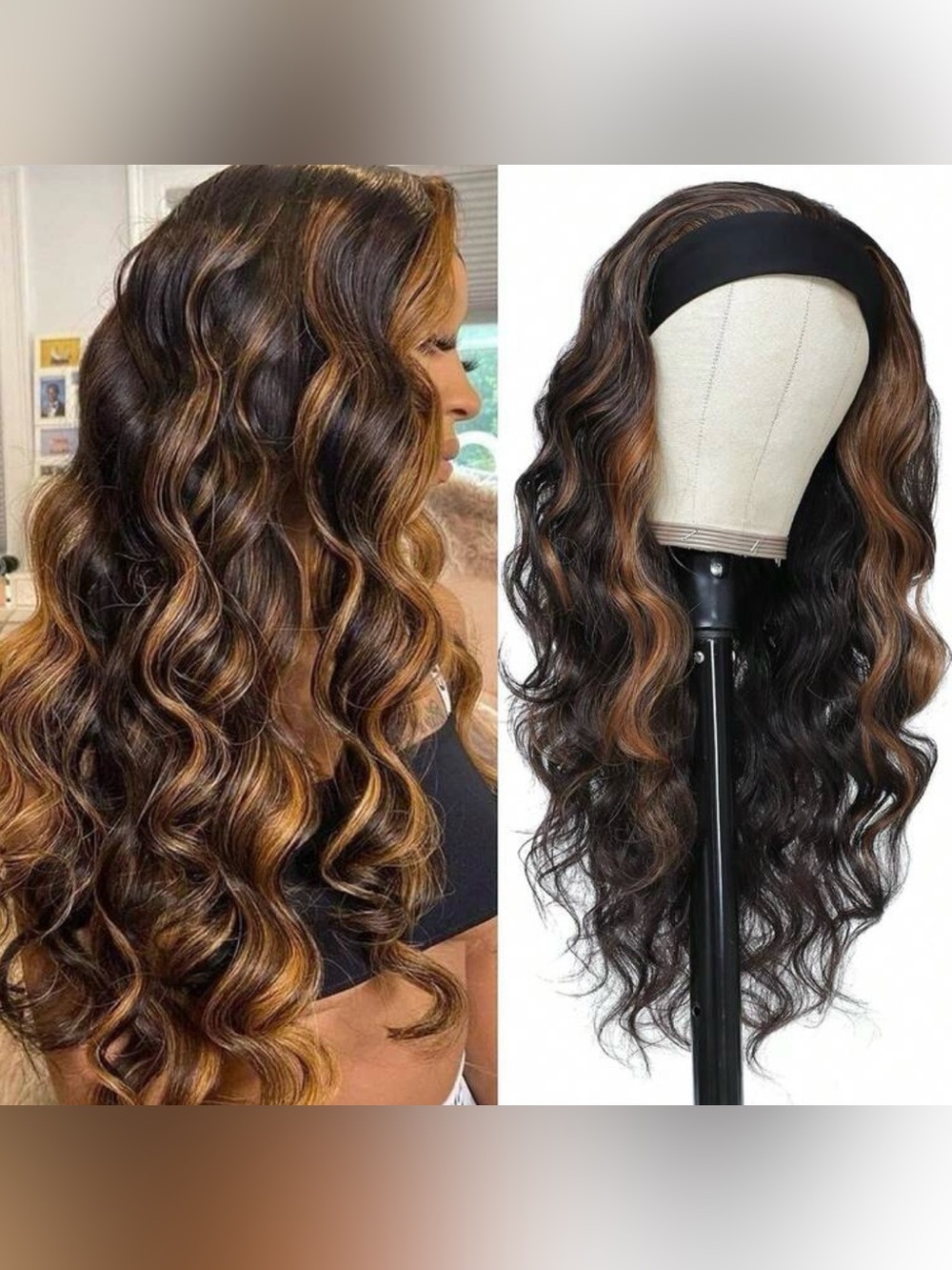 Headband Wavy Hair Wig with Caramel Highlights - Human Hair